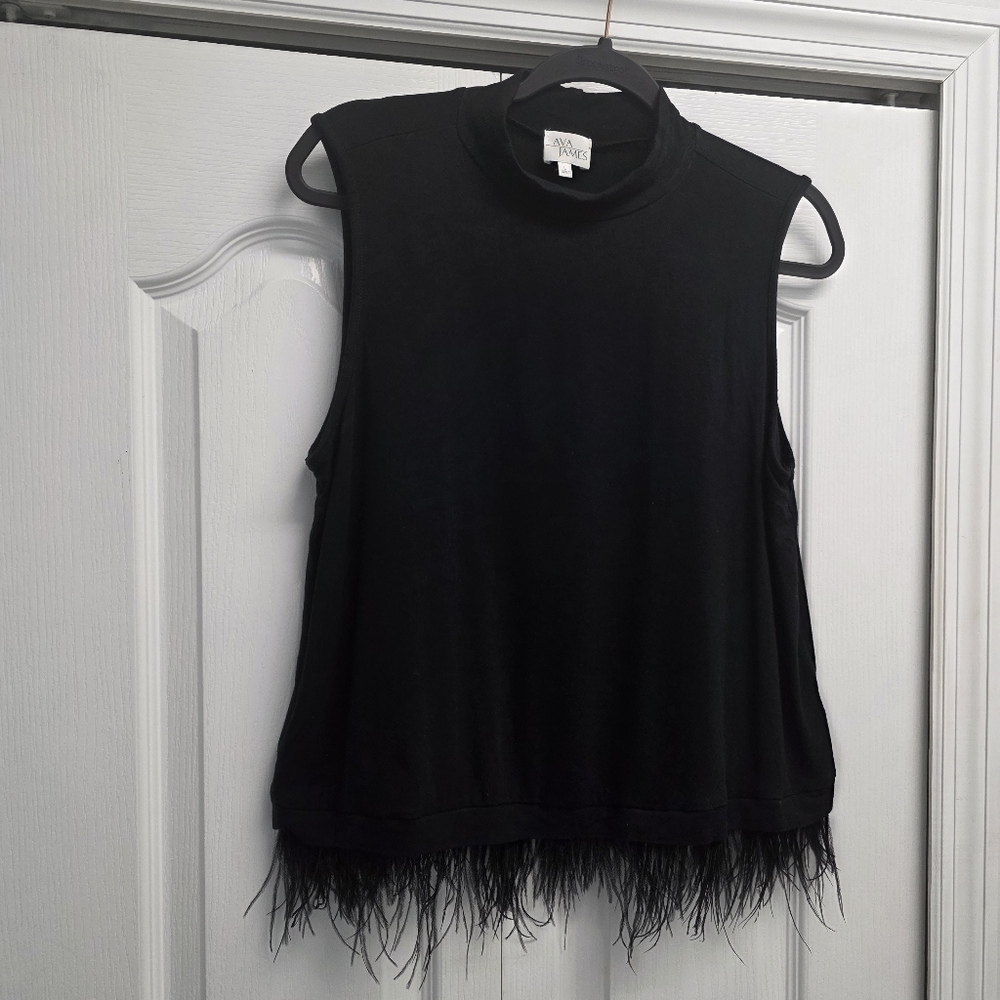 Black Sleeveless Top with Feather Trim